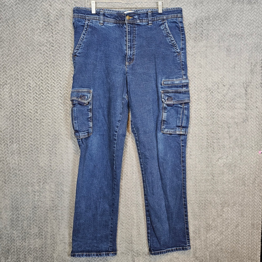 John Blair Mens Blue Denim Cargo Jeans 36L Straight Leg Elastic Waist B02248